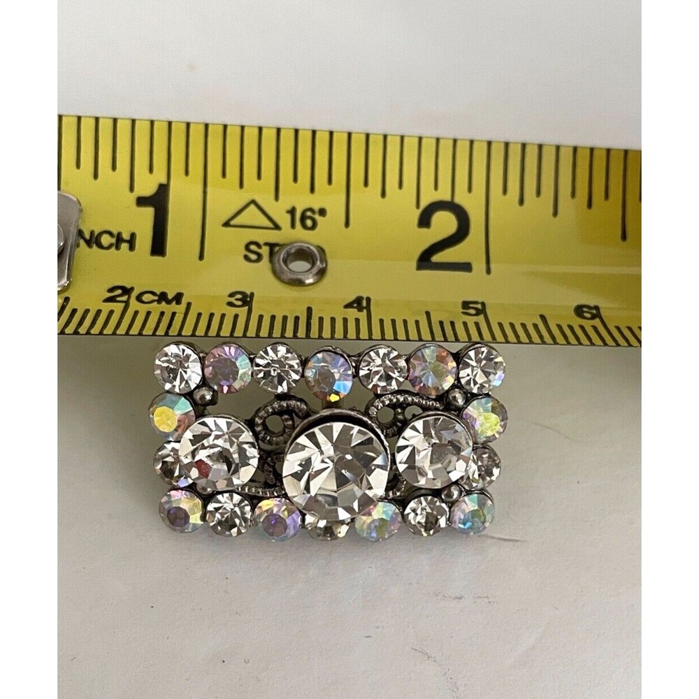 Large Rectangular Button Silver Tone Filagree w/Clear & Iridescent Rhinestones - Picture 6 of 13